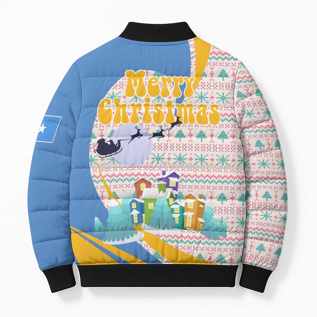 Somalia Christmas Bomber Puffer Jacket with Santa Cheetah Christmas Tree Village Scene and Festive Snowflake - Wonder Print Shop