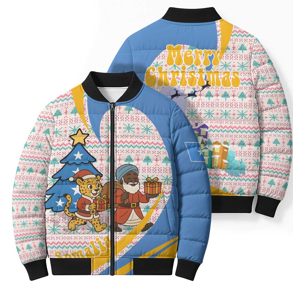 Somalia Christmas Bomber Puffer Jacket with Santa Cheetah Christmas Tree Village Scene and Festive Snowflake - Wonder Print Shop