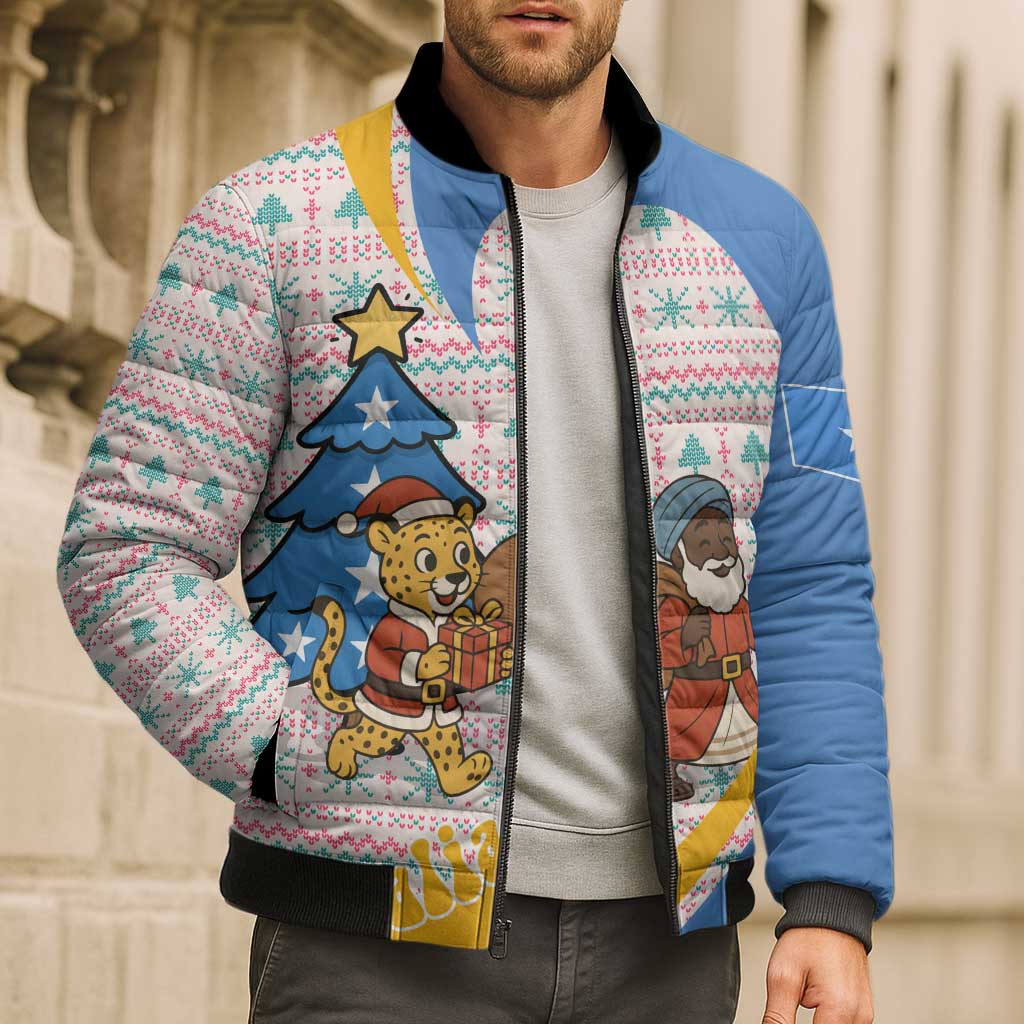 Somalia Christmas Bomber Puffer Jacket with Santa Cheetah Christmas Tree Village Scene and Festive Snowflake - Wonder Print Shop