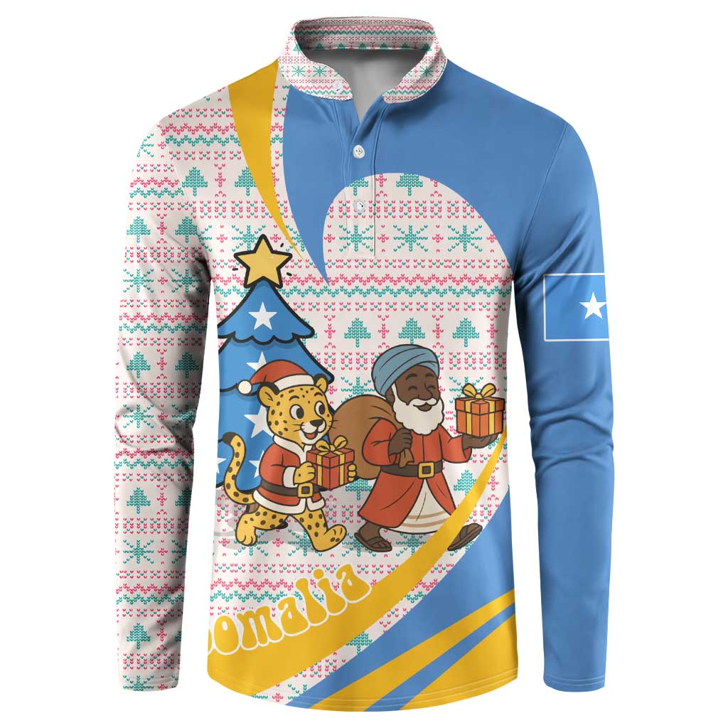 Somalia Christmas Button Sweatshirt with Santa Cheetah Christmas Tree Village Scene and Festive Snowflake - Wonder Print Shop