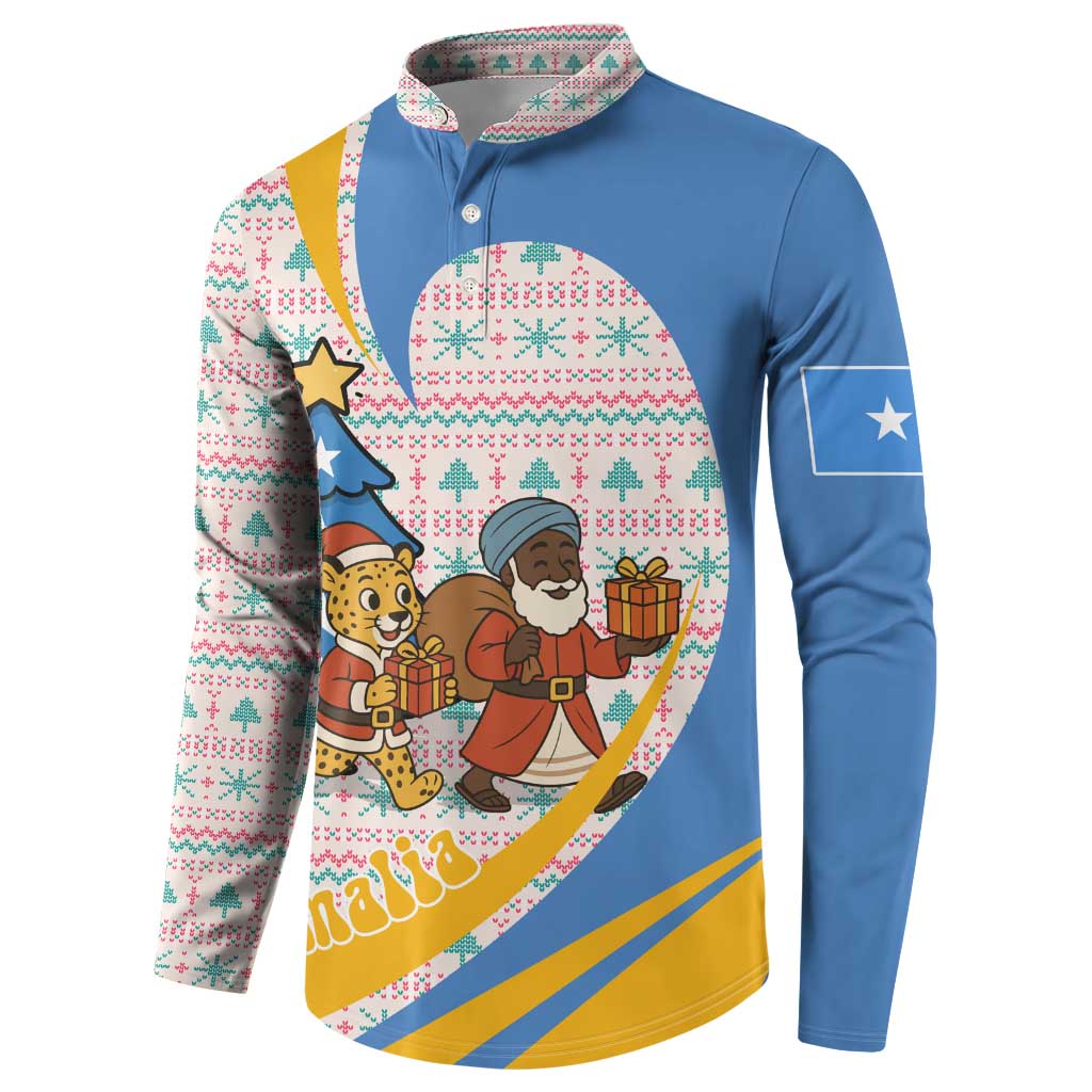 Somalia Christmas Button Sweatshirt with Santa Cheetah Christmas Tree Village Scene and Festive Snowflake - Wonder Print Shop