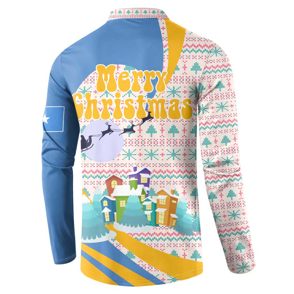 Somalia Christmas Button Sweatshirt with Santa Cheetah Christmas Tree Village Scene and Festive Snowflake - Wonder Print Shop