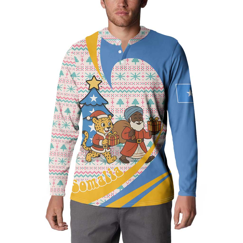 Somalia Christmas Button Sweatshirt with Santa Cheetah Christmas Tree Village Scene and Festive Snowflake - Wonder Print Shop