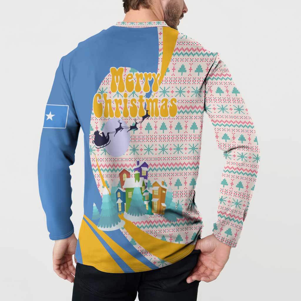 Somalia Christmas Button Sweatshirt with Santa Cheetah Christmas Tree Village Scene and Festive Snowflake - Wonder Print Shop