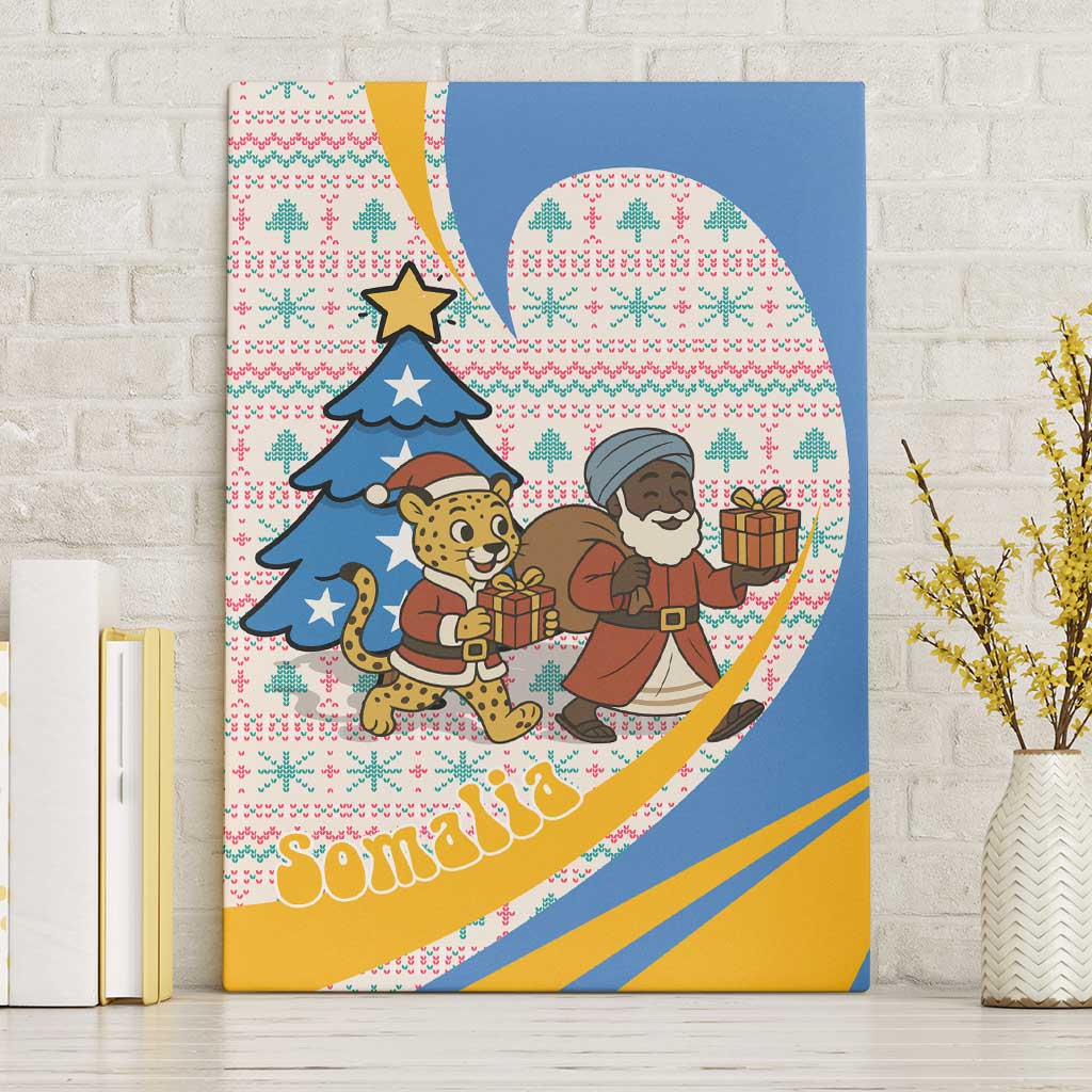 Somalia Christmas Canvas Wall Art with Santa Cheetah Christmas Tree Village Scene and Festive Snowflake - Wonder Print Shop