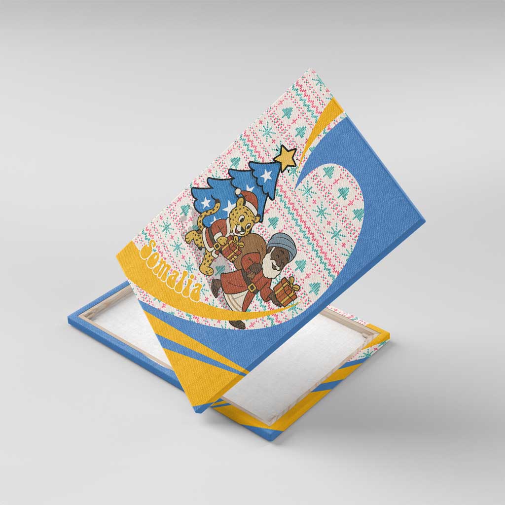 Somalia Christmas Canvas Wall Art with Santa Cheetah Christmas Tree Village Scene and Festive Snowflake - Wonder Print Shop