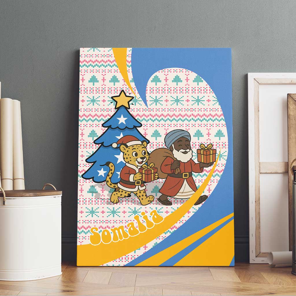 Somalia Christmas Canvas Wall Art with Santa Cheetah Christmas Tree Village Scene and Festive Snowflake - Wonder Print Shop