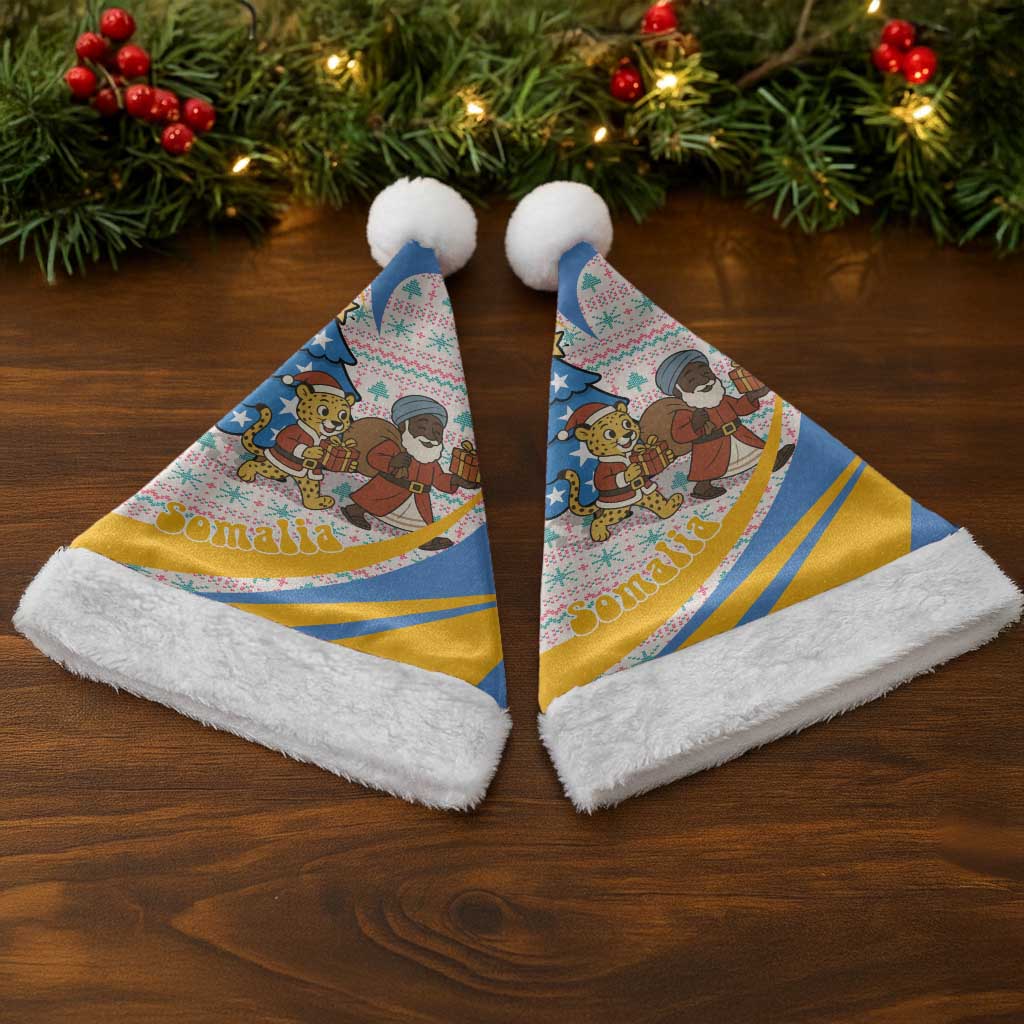 Somalia Christmas Santa Hat with Santa Cheetah Christmas Tree Village Scene and Festive Snowflake - Wonder Print Shop