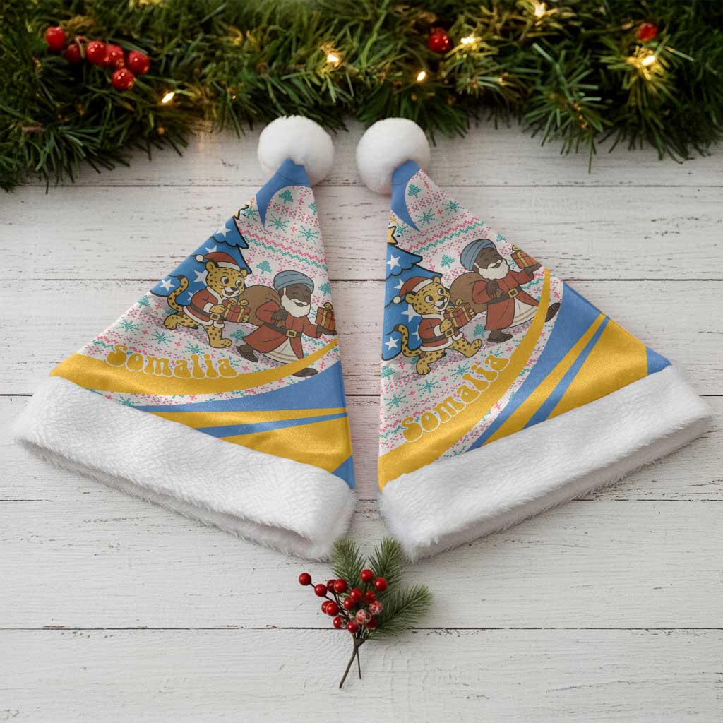 Somalia Christmas Santa Hat with Santa Cheetah Christmas Tree Village Scene and Festive Snowflake - Wonder Print Shop