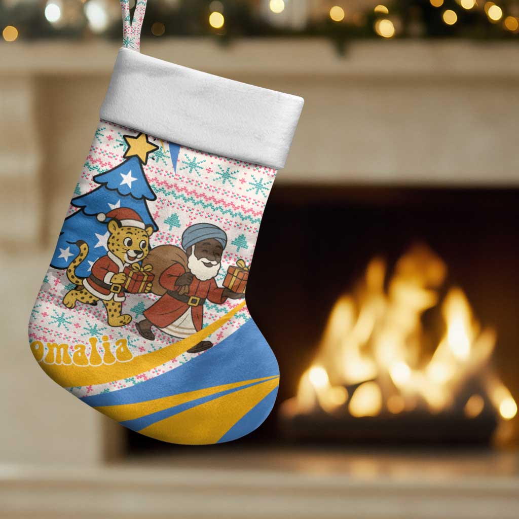 Somalia Christmas Stocking with Santa Cheetah Christmas Tree Village Scene and Festive Snowflake - Wonder Print Shop