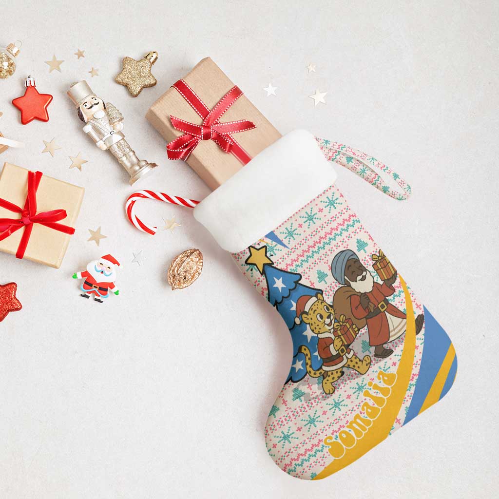 Somalia Christmas Stocking with Santa Cheetah Christmas Tree Village Scene and Festive Snowflake - Wonder Print Shop