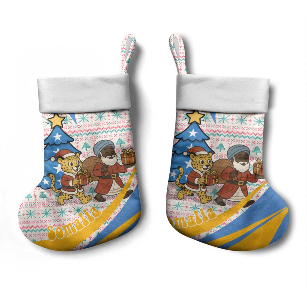 Somalia Christmas Stocking with Santa Cheetah Christmas Tree Village Scene and Festive Snowflake - Wonder Print Shop