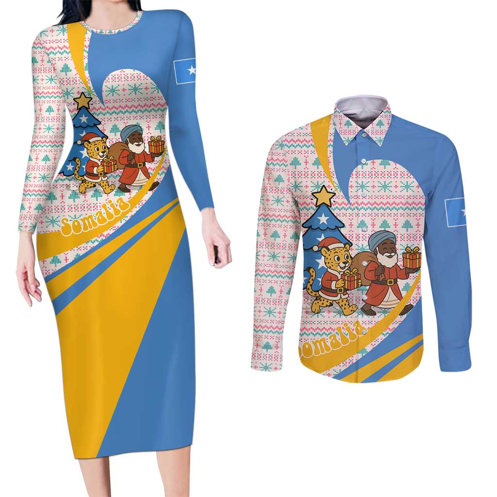 Somalia Christmas Couples Matching Long Sleeve Bodycon Dress and Long Sleeve Button Shirt with Santa Cheetah Christmas Tree Village Scene and Festive Snowflake - Wonder Print Shop