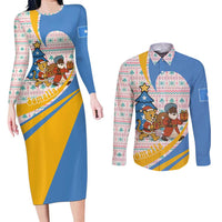 Somalia Christmas Couples Matching Long Sleeve Bodycon Dress and Long Sleeve Button Shirt with Santa Cheetah Christmas Tree Village Scene and Festive Snowflake - Wonder Print Shop