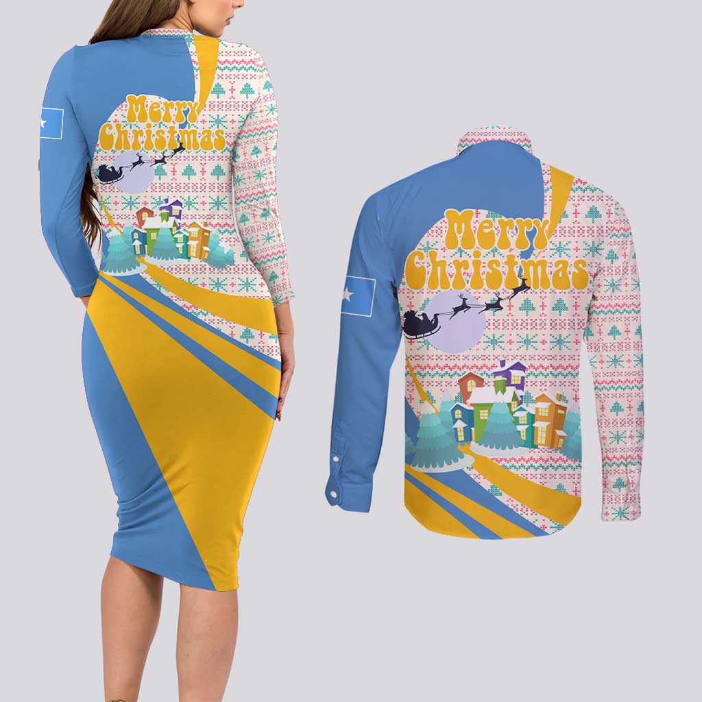Somalia Christmas Couples Matching Long Sleeve Bodycon Dress and Long Sleeve Button Shirt with Santa Cheetah Christmas Tree Village Scene and Festive Snowflake - Wonder Print Shop