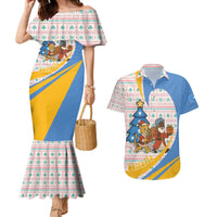 Somalia Christmas Couples Matching Mermaid Dress and Hawaiian Shirt with Santa Cheetah Christmas Tree Village Scene and Festive Snowflake - Wonder Print Shop