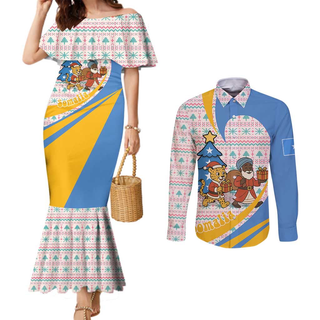 Somalia Christmas Couples Matching Mermaid Dress and Long Sleeve Button Shirt with Santa Cheetah Christmas Tree Village Scene and Festive Snowflake - Wonder Print Shop