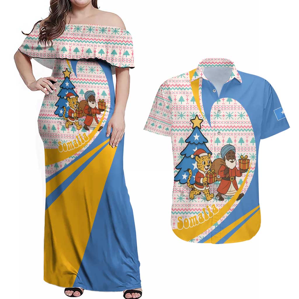 Somalia Christmas Couples Matching Off Shoulder Maxi Dress and Hawaiian Shirt with Santa Cheetah Christmas Tree Village Scene and Festive Snowflake - Wonder Print Shop
