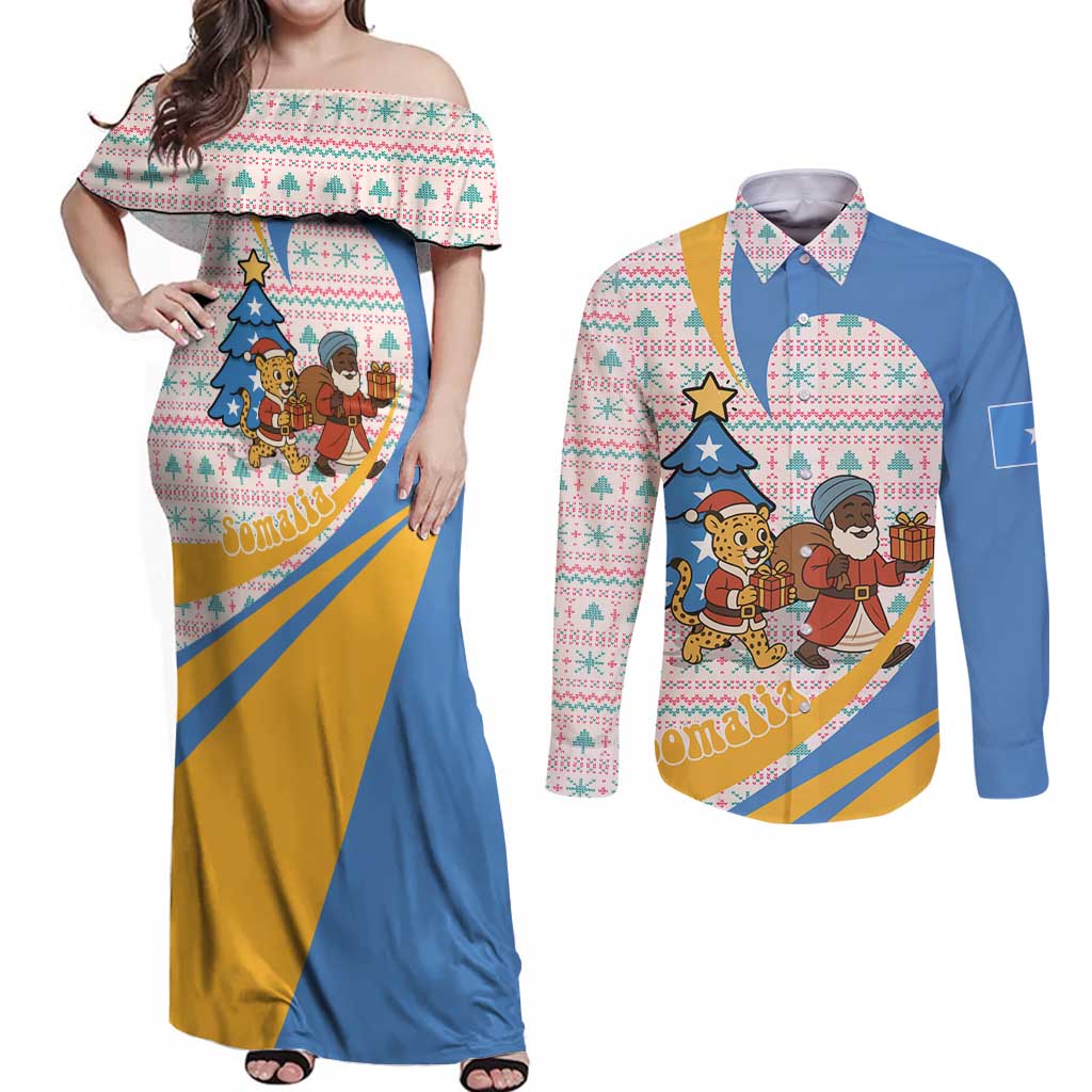 Somalia Christmas Couples Matching Off Shoulder Maxi Dress and Long Sleeve Button Shirt with Santa Cheetah Christmas Tree Village Scene and Festive Snowflake - Wonder Print Shop