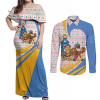 Somalia Christmas Couples Matching Off Shoulder Maxi Dress and Long Sleeve Button Shirt with Santa Cheetah Christmas Tree Village Scene and Festive Snowflake - Wonder Print Shop