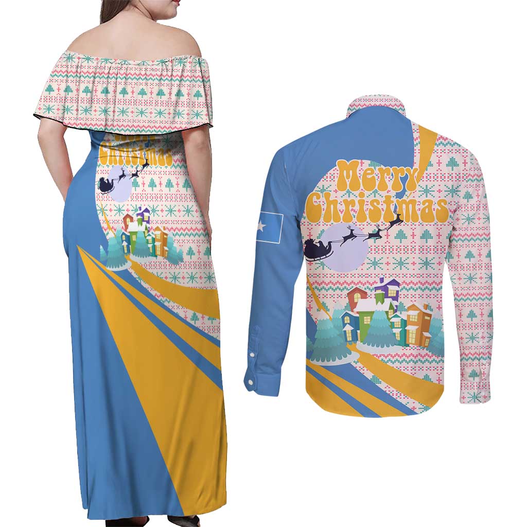 Somalia Christmas Couples Matching Off Shoulder Maxi Dress and Long Sleeve Button Shirt with Santa Cheetah Christmas Tree Village Scene and Festive Snowflake - Wonder Print Shop