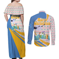 Somalia Christmas Couples Matching Off Shoulder Maxi Dress and Long Sleeve Button Shirt with Santa Cheetah Christmas Tree Village Scene and Festive Snowflake - Wonder Print Shop
