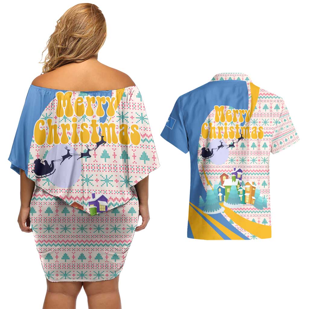 Somalia Christmas Couples Matching Off Shoulder Short Dress and Hawaiian Shirt with Santa Cheetah Christmas Tree Village Scene and Festive Snowflake - Wonder Print Shop