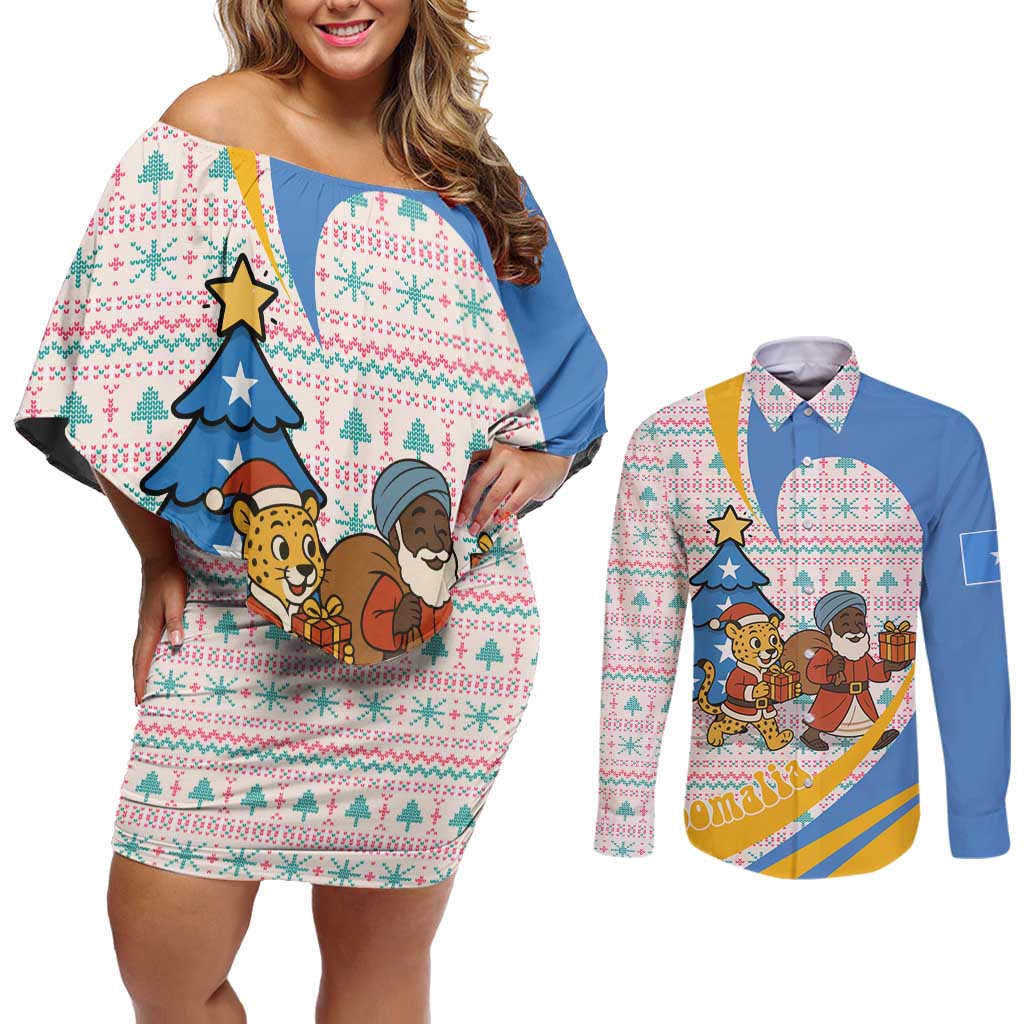 Somalia Christmas Couples Matching Off Shoulder Short Dress and Long Sleeve Button Shirt with Santa Cheetah Christmas Tree Village Scene and Festive Snowflake - Wonder Print Shop