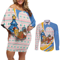 Somalia Christmas Couples Matching Off Shoulder Short Dress and Long Sleeve Button Shirt with Santa Cheetah Christmas Tree Village Scene and Festive Snowflake - Wonder Print Shop