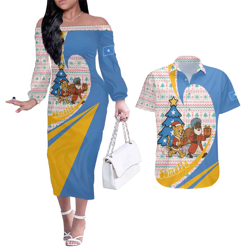 Somalia Christmas Couples Matching Off The Shoulder Long Sleeve Dress and Hawaiian Shirt with Santa Cheetah Christmas Tree Village Scene and Festive Snowflake - Wonder Print Shop