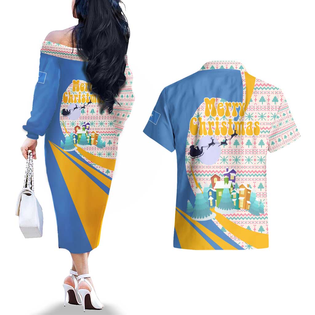 Somalia Christmas Couples Matching Off The Shoulder Long Sleeve Dress and Hawaiian Shirt with Santa Cheetah Christmas Tree Village Scene and Festive Snowflake - Wonder Print Shop