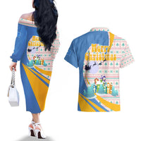 Somalia Christmas Couples Matching Off The Shoulder Long Sleeve Dress and Hawaiian Shirt with Santa Cheetah Christmas Tree Village Scene and Festive Snowflake - Wonder Print Shop