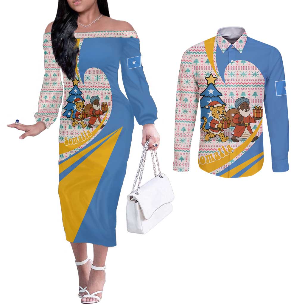 Somalia Christmas Couples Matching Off The Shoulder Long Sleeve Dress and Long Sleeve Button Shirt with Santa Cheetah Christmas Tree Village Scene and Festive Snowflake - Wonder Print Shop