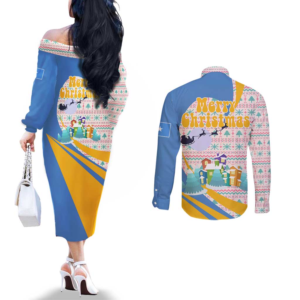 Somalia Christmas Couples Matching Off The Shoulder Long Sleeve Dress and Long Sleeve Button Shirt with Santa Cheetah Christmas Tree Village Scene and Festive Snowflake - Wonder Print Shop