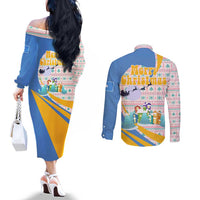 Somalia Christmas Couples Matching Off The Shoulder Long Sleeve Dress and Long Sleeve Button Shirt with Santa Cheetah Christmas Tree Village Scene and Festive Snowflake - Wonder Print Shop