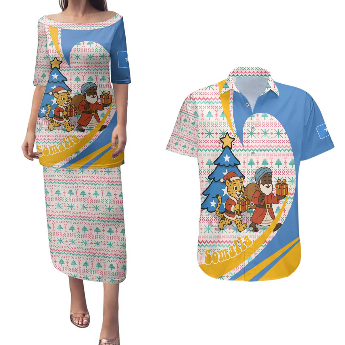 Somalia Christmas Couples Matching Puletasi and Hawaiian Shirt with Santa Cheetah Christmas Tree Village Scene and Festive Snowflake - Wonder Print Shop