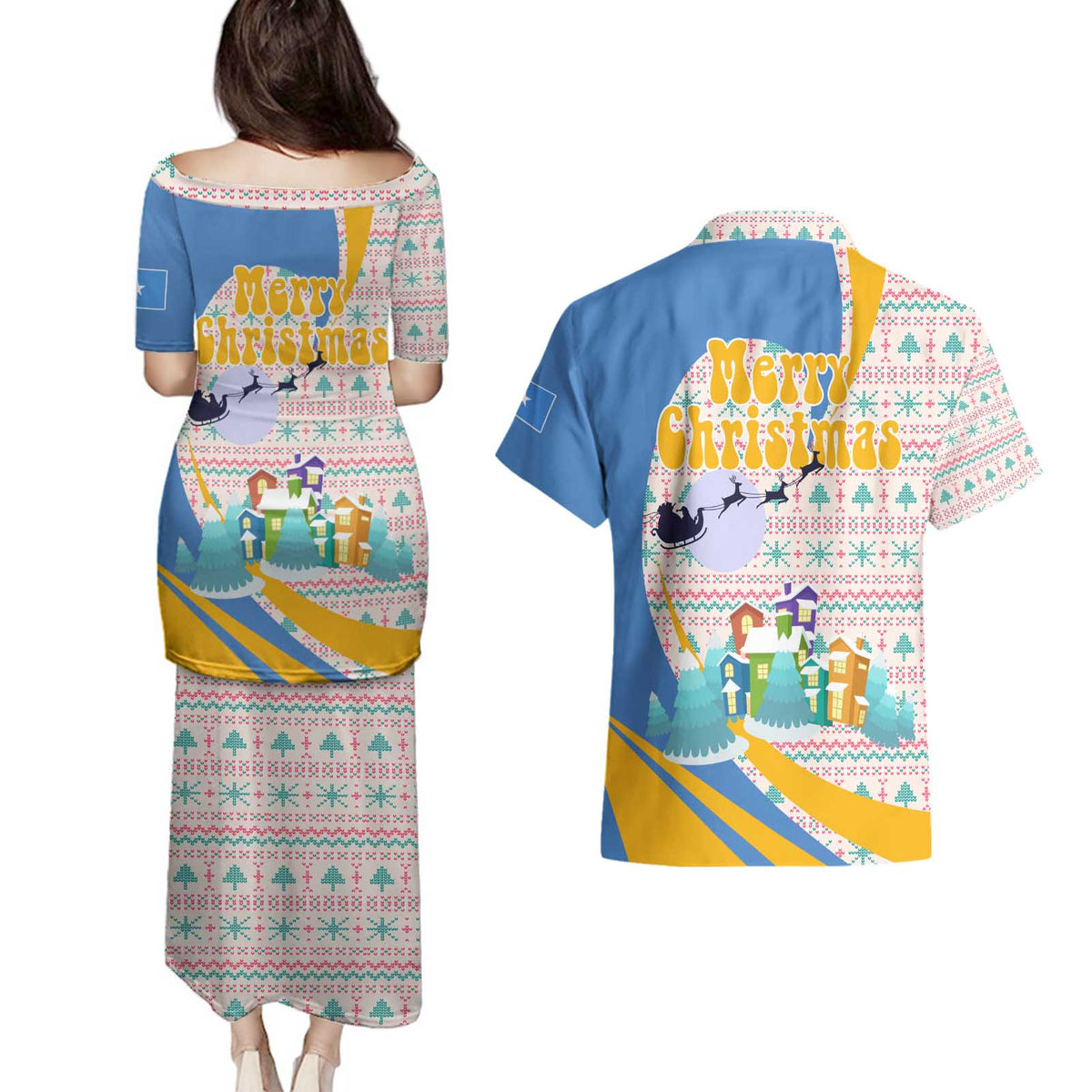 Somalia Christmas Couples Matching Puletasi and Hawaiian Shirt with Santa Cheetah Christmas Tree Village Scene and Festive Snowflake - Wonder Print Shop
