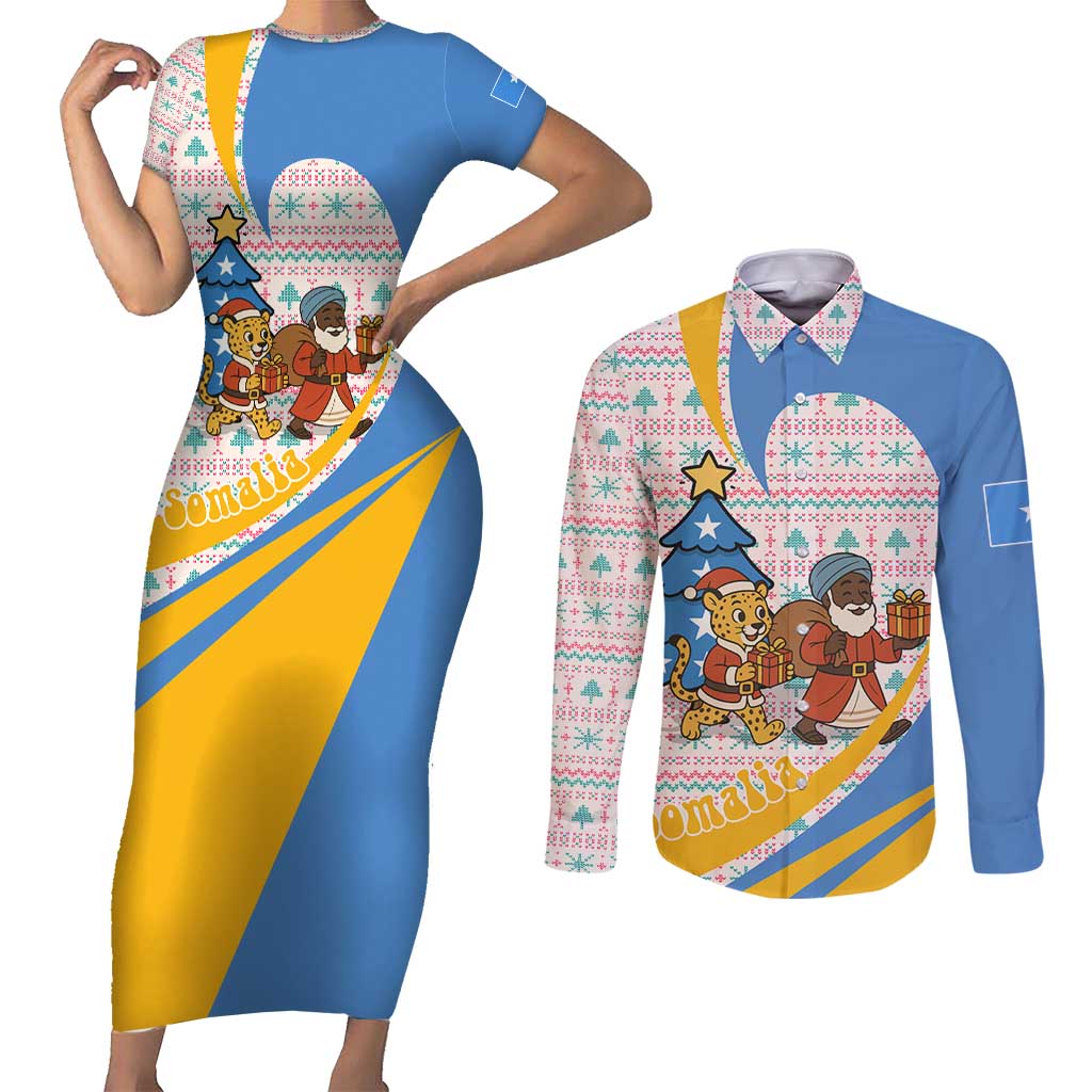 Somalia Christmas Couples Matching Short Sleeve Bodycon Dress and Long Sleeve Button Shirt with Santa Cheetah Christmas Tree Village Scene and Festive Snowflake - Wonder Print Shop