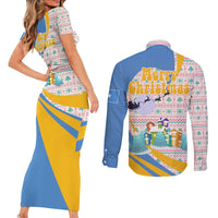 Somalia Christmas Couples Matching Short Sleeve Bodycon Dress and Long Sleeve Button Shirt with Santa Cheetah Christmas Tree Village Scene and Festive Snowflake - Wonder Print Shop