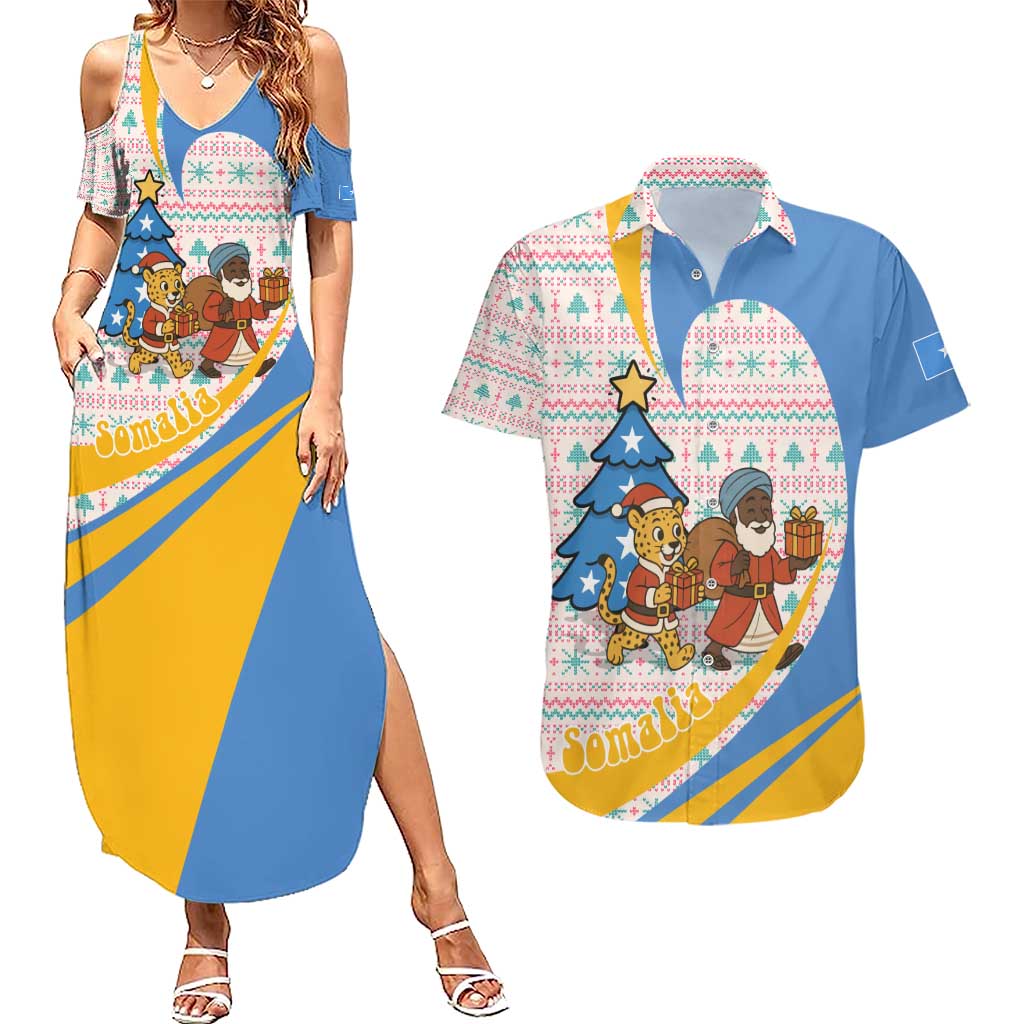 Somalia Christmas Couples Matching Summer Maxi Dress and Hawaiian Shirt with Santa Cheetah Christmas Tree Village Scene and Festive Snowflake - Wonder Print Shop