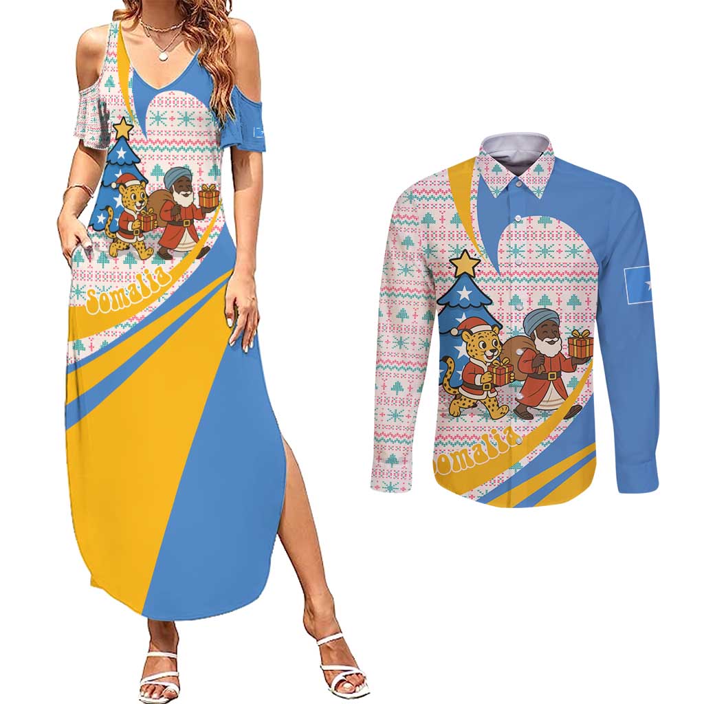 Somalia Christmas Couples Matching Summer Maxi Dress and Long Sleeve Button Shirt with Santa Cheetah Christmas Tree Village Scene and Festive Snowflake - Wonder Print Shop