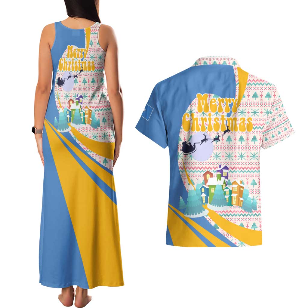Somalia Christmas Couples Matching Tank Maxi Dress and Hawaiian Shirt with Santa Cheetah Christmas Tree Village Scene and Festive Snowflake - Wonder Print Shop
