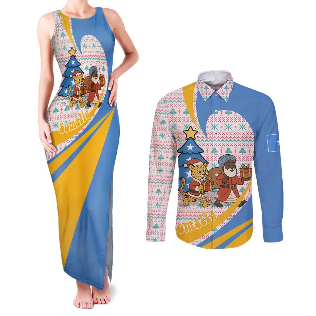 Somalia Christmas Couples Matching Tank Maxi Dress and Long Sleeve Button Shirt with Santa Cheetah Christmas Tree Village Scene and Festive Snowflake - Wonder Print Shop