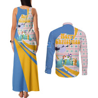 Somalia Christmas Couples Matching Tank Maxi Dress and Long Sleeve Button Shirt with Santa Cheetah Christmas Tree Village Scene and Festive Snowflake - Wonder Print Shop