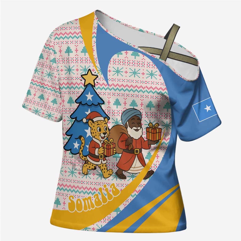 Somalia Christmas Cross Shoulder Shirt with Santa Cheetah Christmas Tree Village Scene and Festive Snowflake - Wonder Print Shop