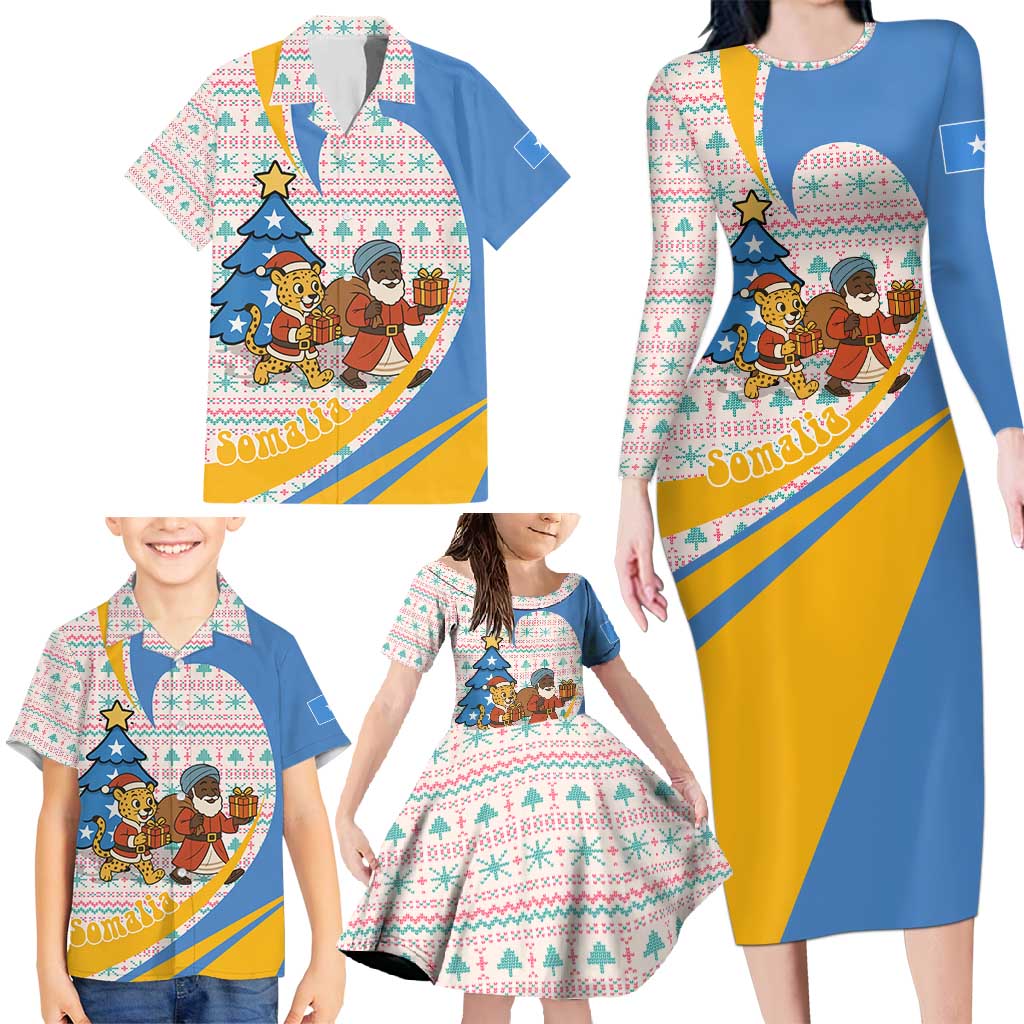 Somalia Christmas Family Matching Long Sleeve Bodycon Dress and Hawaiian Shirt with Santa Cheetah Christmas Tree Village Scene and Festive Snowflake - Wonder Print Shop