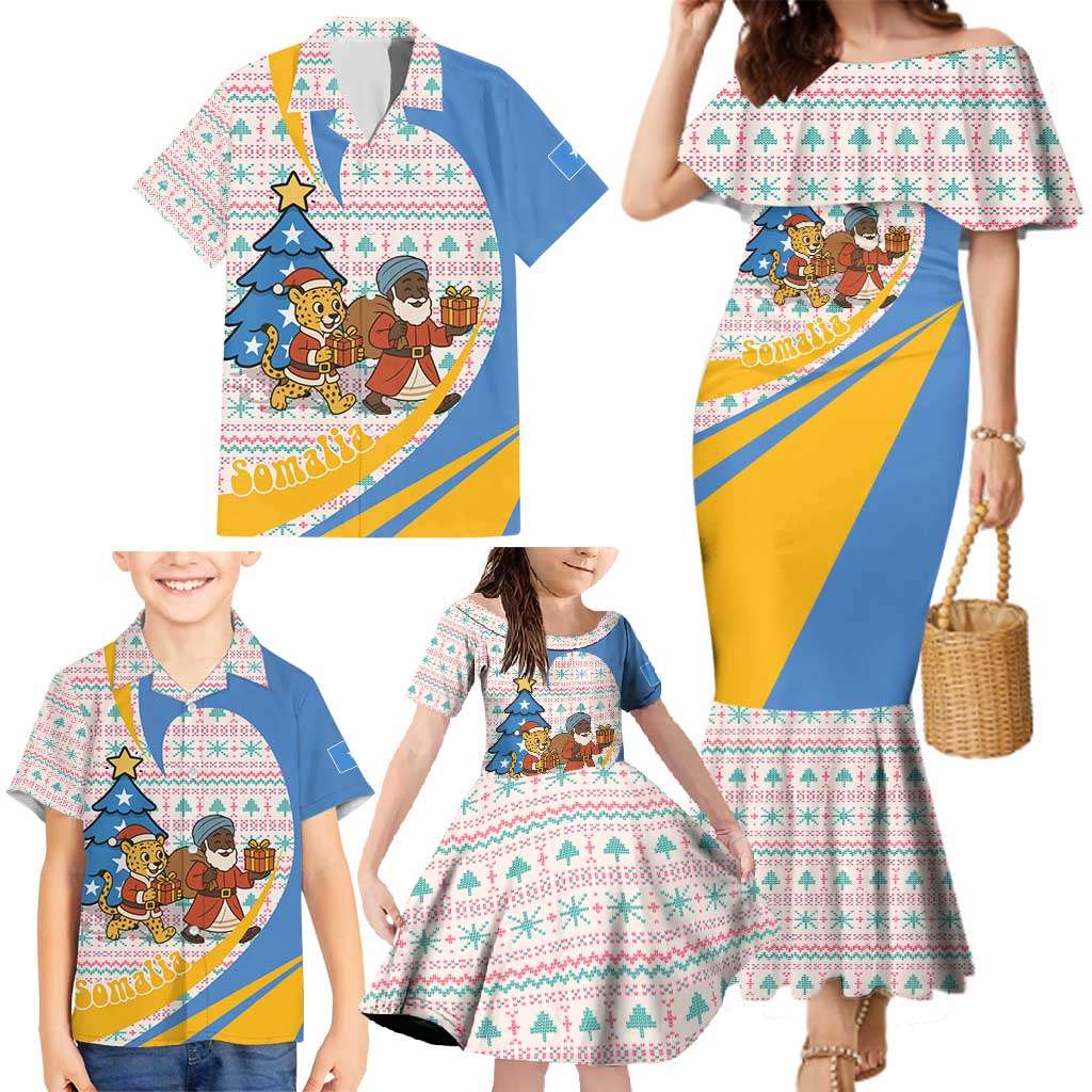 Somalia Christmas Family Matching Mermaid Dress and Hawaiian Shirt with Santa Cheetah Christmas Tree Village Scene and Festive Snowflake - Wonder Print Shop
