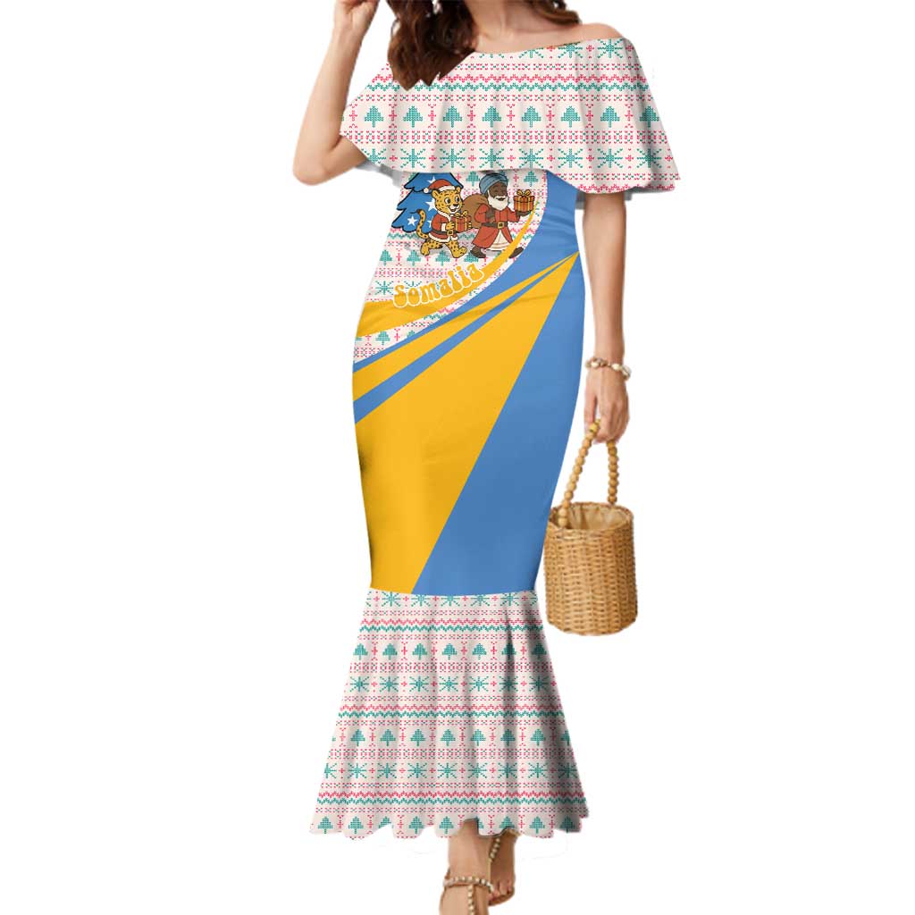 Somalia Christmas Family Matching Mermaid Dress and Hawaiian Shirt with Santa Cheetah Christmas Tree Village Scene and Festive Snowflake - Wonder Print Shop
