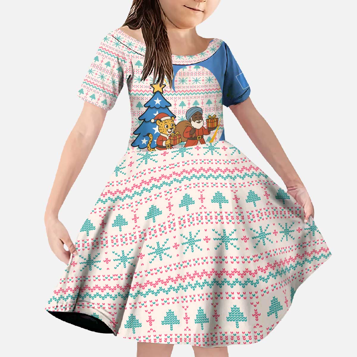 Somalia Christmas Family Matching Off The Shoulder Long Sleeve Dress and Hawaiian Shirt with Santa Cheetah Christmas Tree Village Scene and Festive Snowflake - Wonder Print Shop