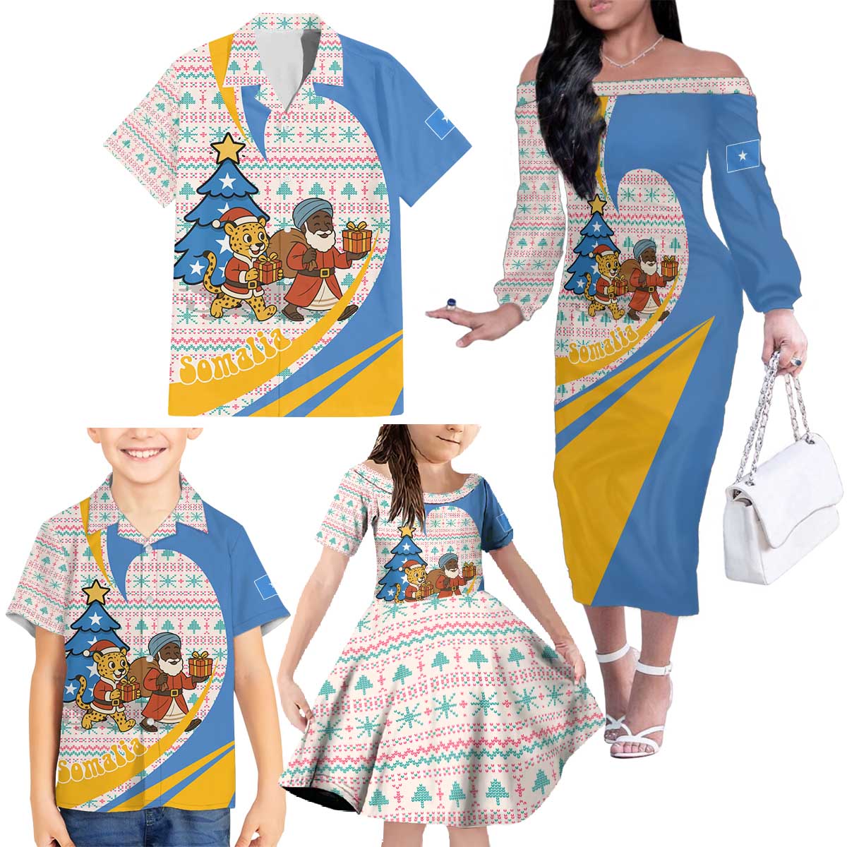 Somalia Christmas Family Matching Off The Shoulder Long Sleeve Dress and Hawaiian Shirt with Santa Cheetah Christmas Tree Village Scene and Festive Snowflake - Wonder Print Shop